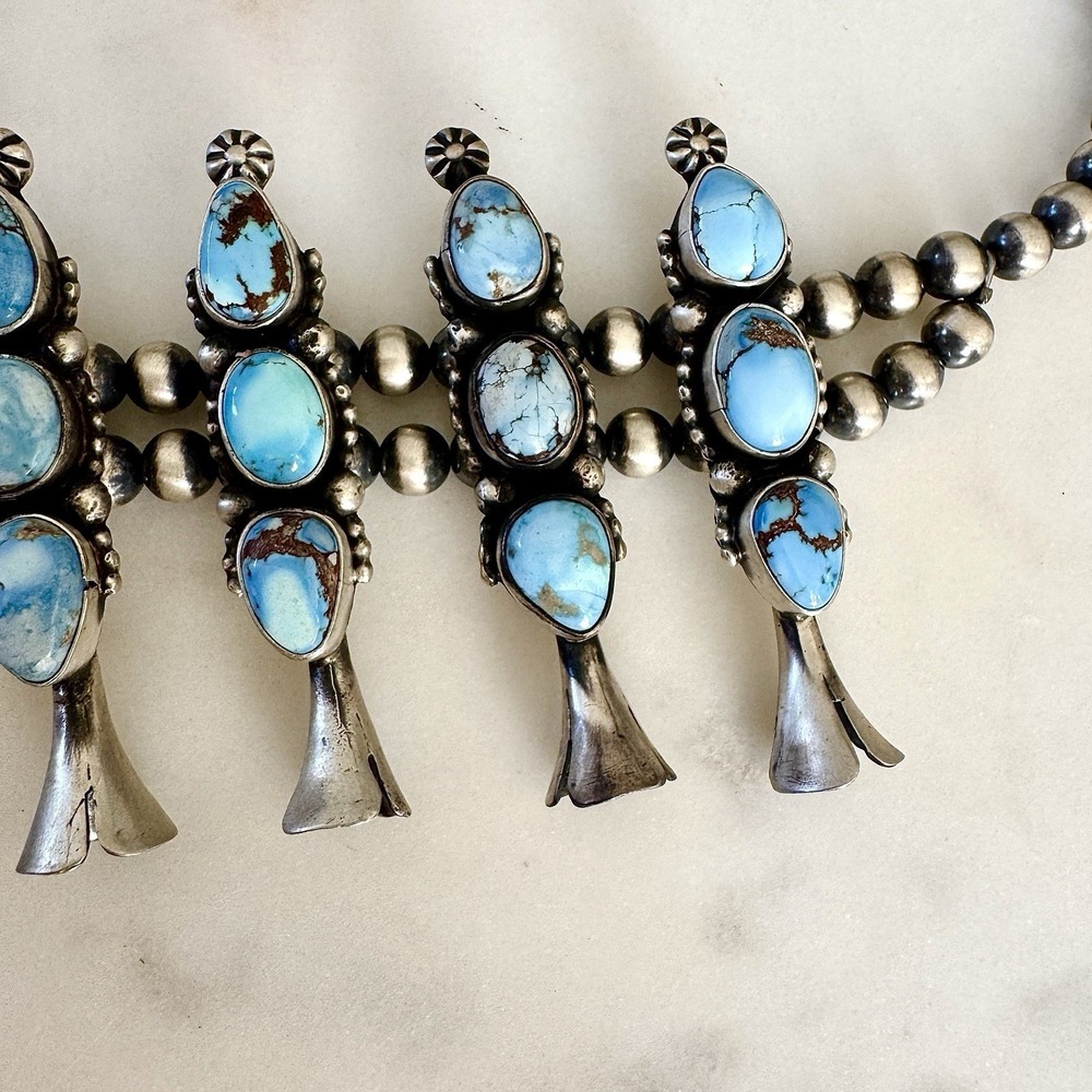 Navajo Squash Blossom Necklace Golden Hills Turquoise Signed Skeets Sterling - Picture 6 of 15